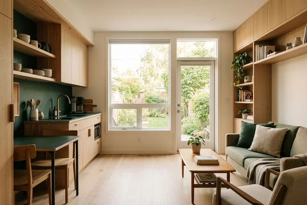 Bright laneway suite living room with a lane-facing window