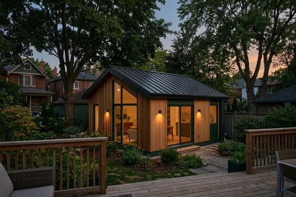 Completed detached garden suite at dusk seen from the main house