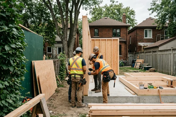 Crew securing prefab wall panels on the foundation