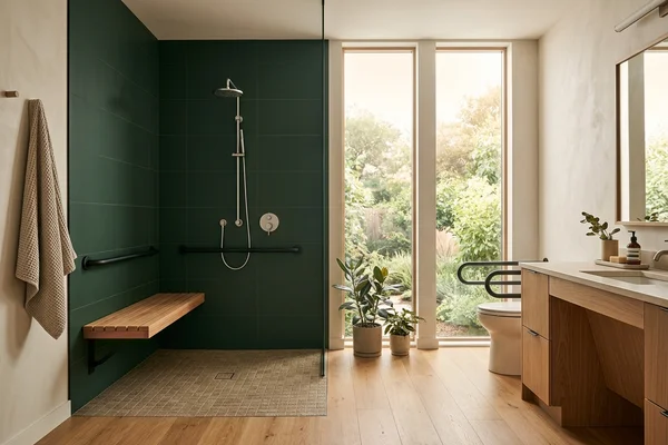 Curbless shower with grab bar in an accessible suite bathroom