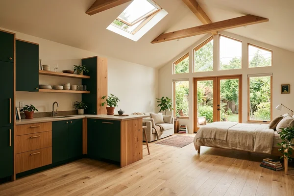 Finished garage conversion studio with vaulted ceiling
