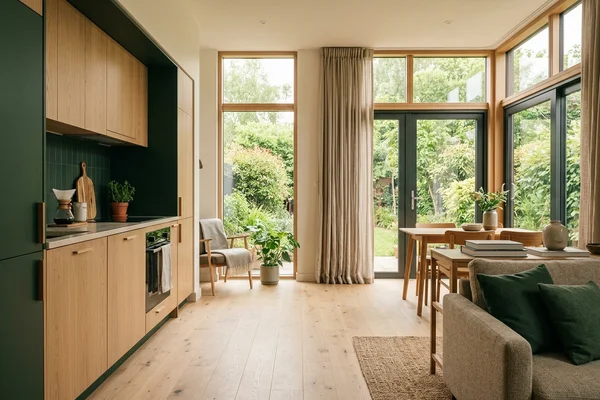Finished open-plan garden suite interior with white oak floors