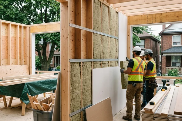 Fire-rated, sound-insulated shared wall under construction