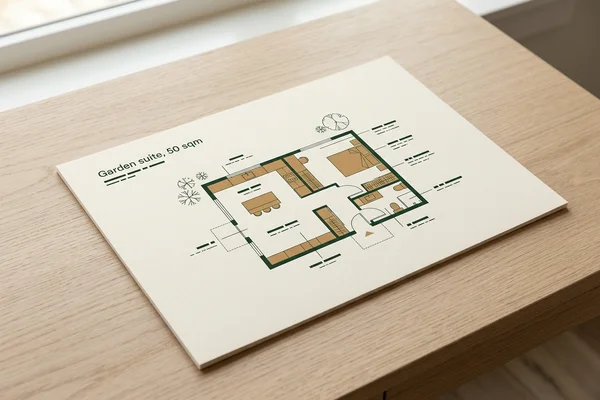 One-bedroom garden suite floor plan in 50 sqm