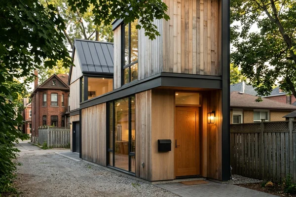 Laneway house entry with lighting and mailbox beside the lane