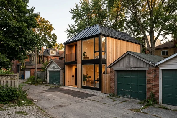 New laneway suite between older garages on a Toronto lane