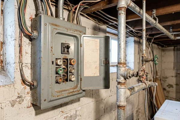 Old 60-amp panel and galvanized water line checked during evaluation
