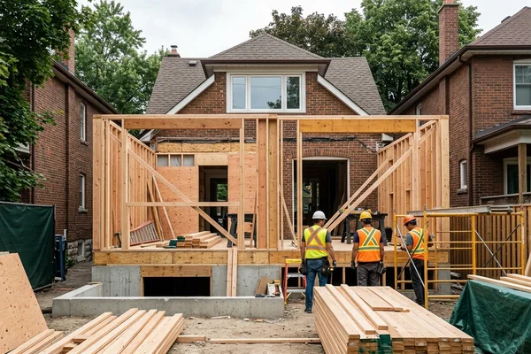 Rear addition framing tied to an existing East York house