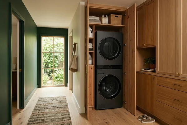 In-suite laundry closet and storage in a rental suite