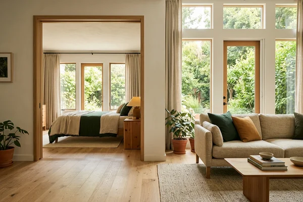 Wide doorway with a level threshold in a family suite