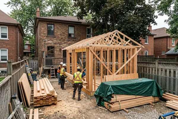 Framing stage of a 48 sqm detached garden suite