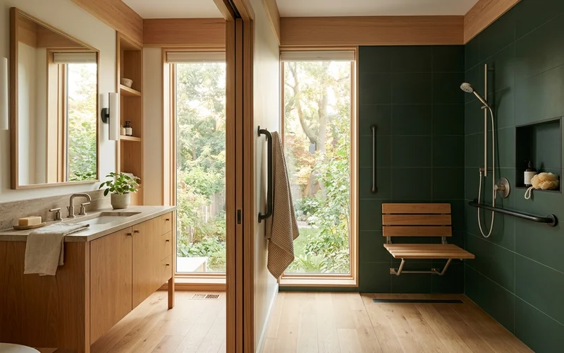 Accessible garden suite bathroom with curbless shower fold down bench grab bars and wide doorway in Toronto