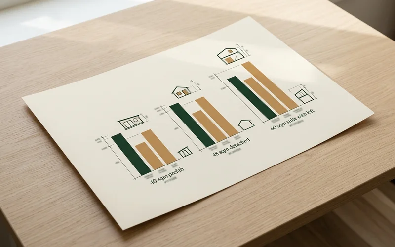 Bar chart comparing garden suite costs for a 40 sqm prefab hybrid a 48 sqm detached and a 60 sqm suite with loft in Toronto