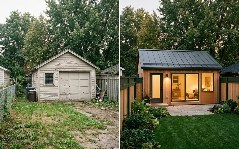 Before and after comparison of an old Toronto garage and the same structure converted into a cedar clad garden suite