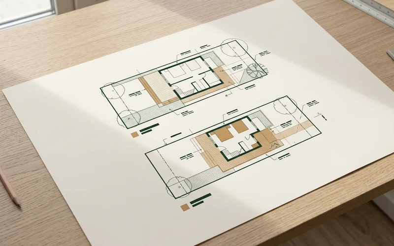 Before and after site plans showing a 60 sqm garden suite design reduced to 42 sqm to meet lot coverage on an East York lot