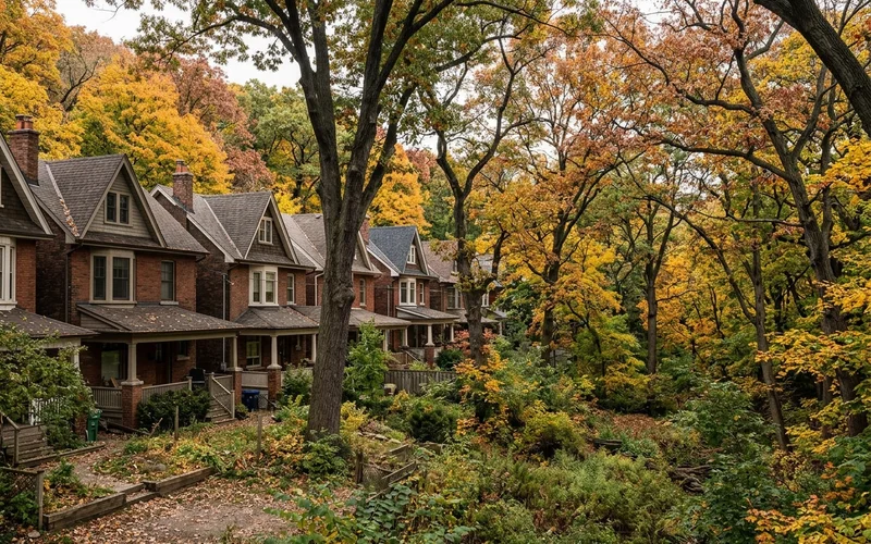 Black oak trees and a ravine edge behind houses near High Park