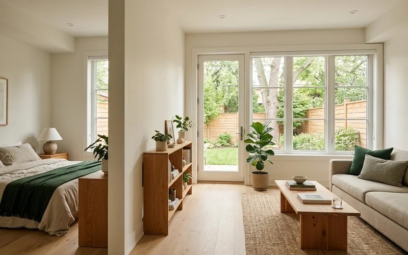 Bright one-bedroom garden suite interior with white oak floors in North York