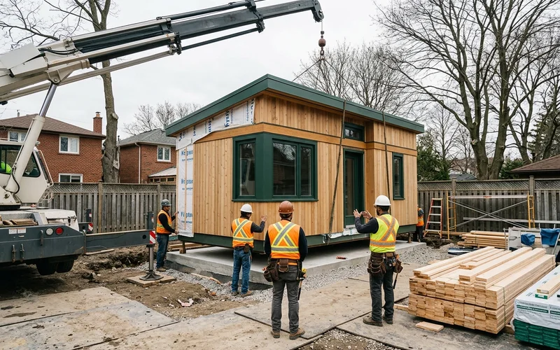 Crane setting a prefab-hybrid garden suite module onto its foundation in Etobicoke