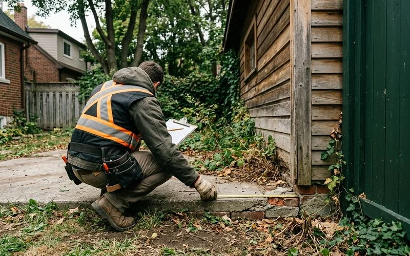 Engineer measuring the slab thickness and footing of an old detached garage in a Toronto backyard