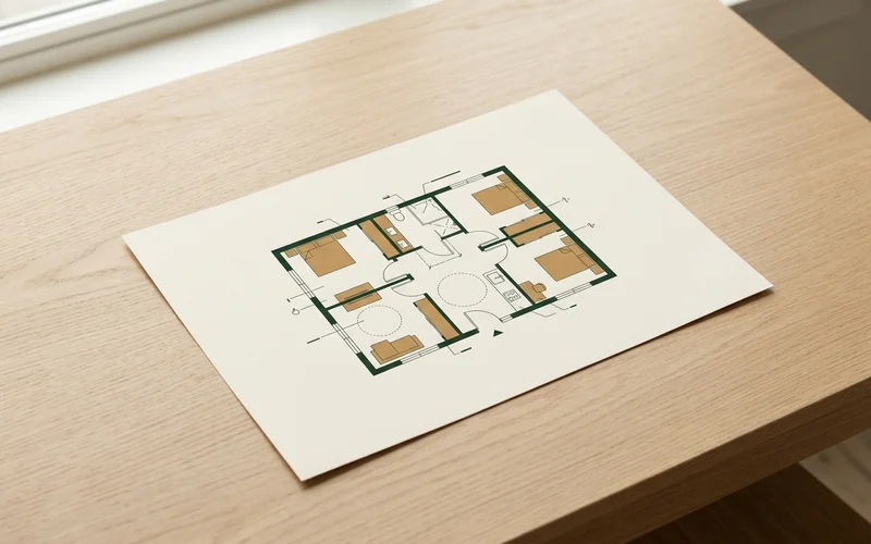 Floor plan of a single level two bedroom family garden suite showing wide doors turning circles and a curbless shower