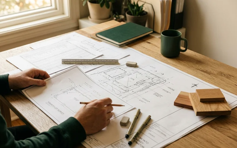 Garden suite estimator reviewing a printed site plan and cost spreadsheet with a Toronto lot survey on the desk