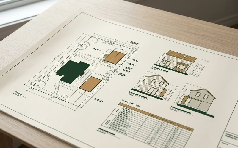 Garden suite permit drawing set with site plan elevations and zoning chart on a Toronto Building Division review table