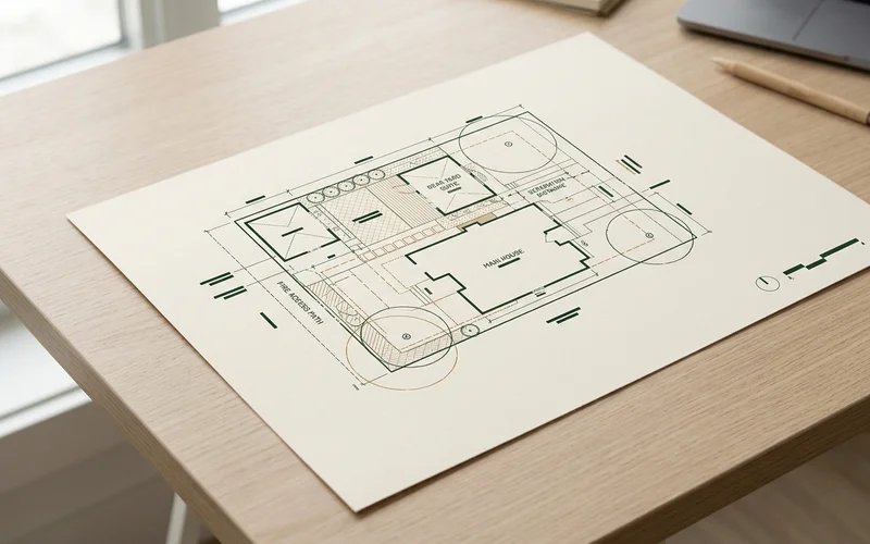 Garden suite site plan drawing showing setbacks separation distance fire access path and tree protection zones on a Toronto lot