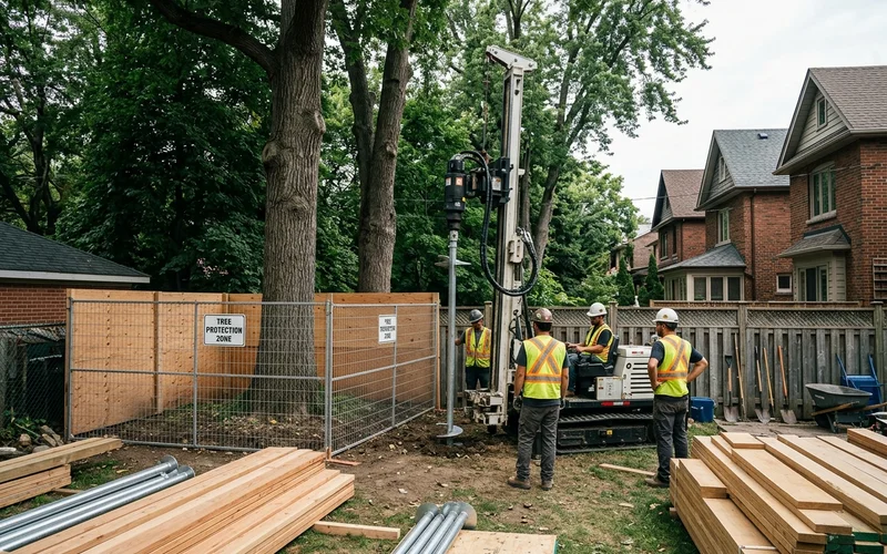 Helical pile rig working outside a tree protection zone in High Park