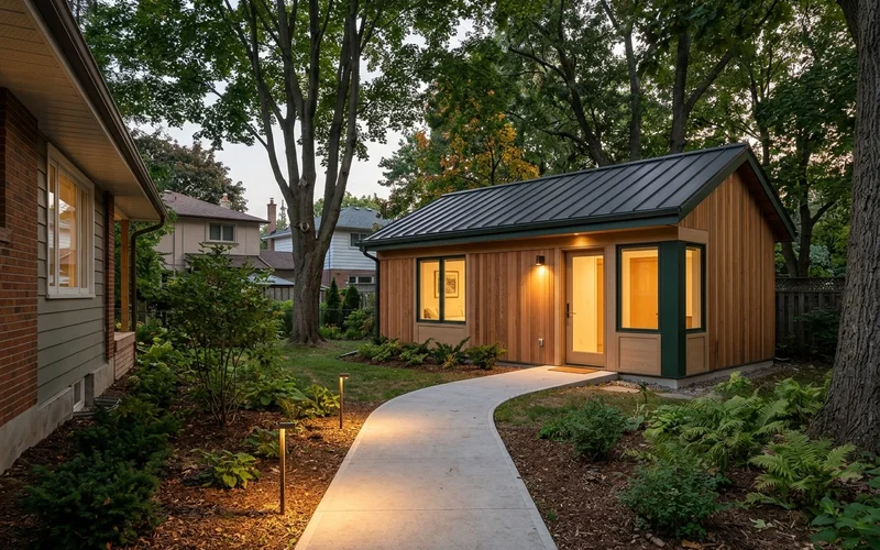 Lit, level path from the main house to an accessible garden suite in Scarborough