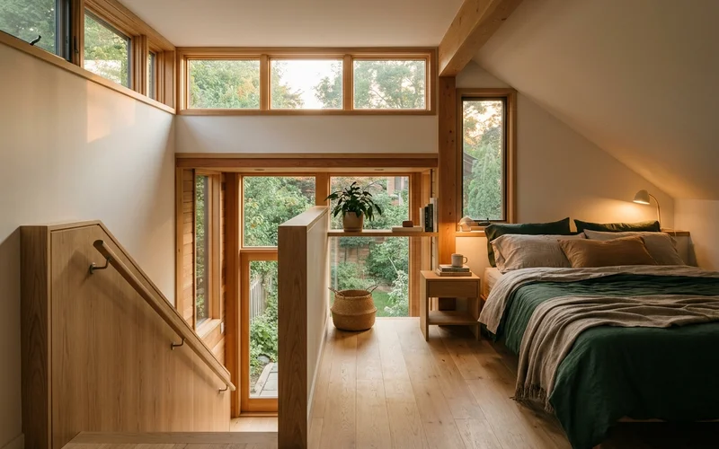 Loft bedroom inside a Leslieville garden suite with a white oak stair