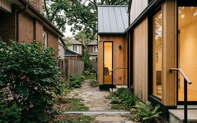 Narrow East York side yard measured for a 1 metre fire access path