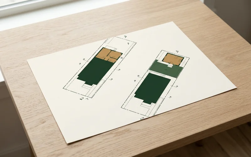 Plan view comparing an attached rear suite and a detached garden suite on the same compact East York lot