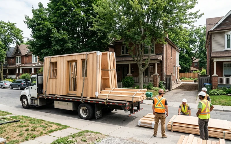 Prefab garden suite wall panels stacked on a delivery truck next to a Toronto house ready for installation