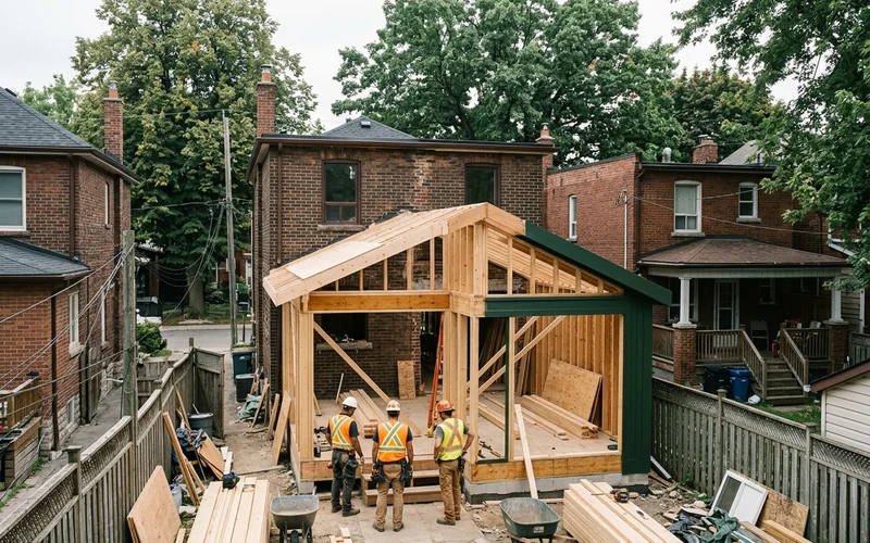 Rear addition attached suite under construction tied into the back wall of a Toronto semi detached house