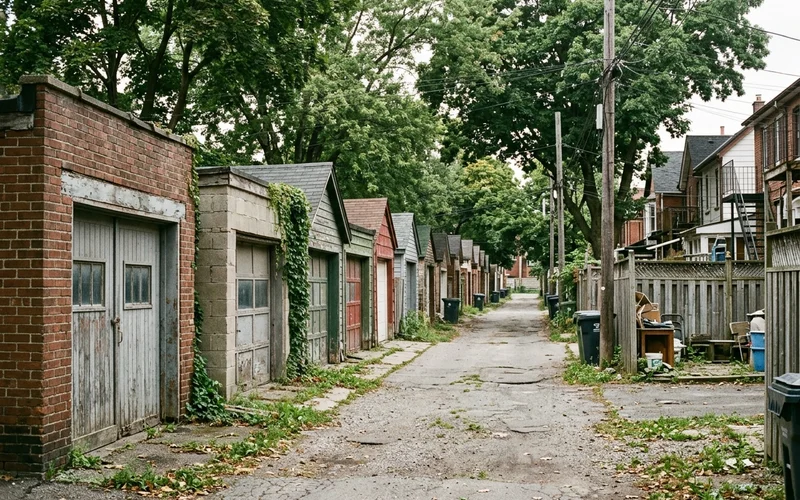 Old rear garages along a Riverdale laneway