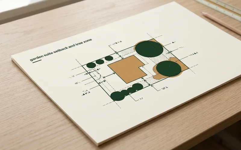 Sample feasibility report page with a lot diagram showing allowable garden suite footprint setbacks and tree protection zones