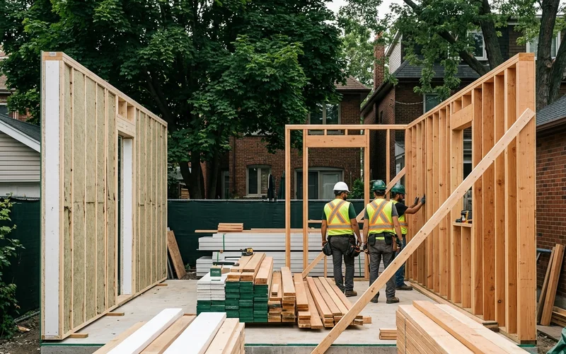 Side by side photos of a factory built panel and a site framed wall for a Toronto garden suite