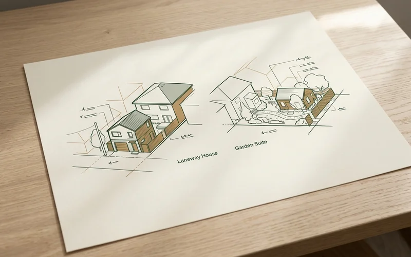 Side by side comparison sketch of a laneway house at the rear lot line and a garden suite set back in a Toronto rear yard
