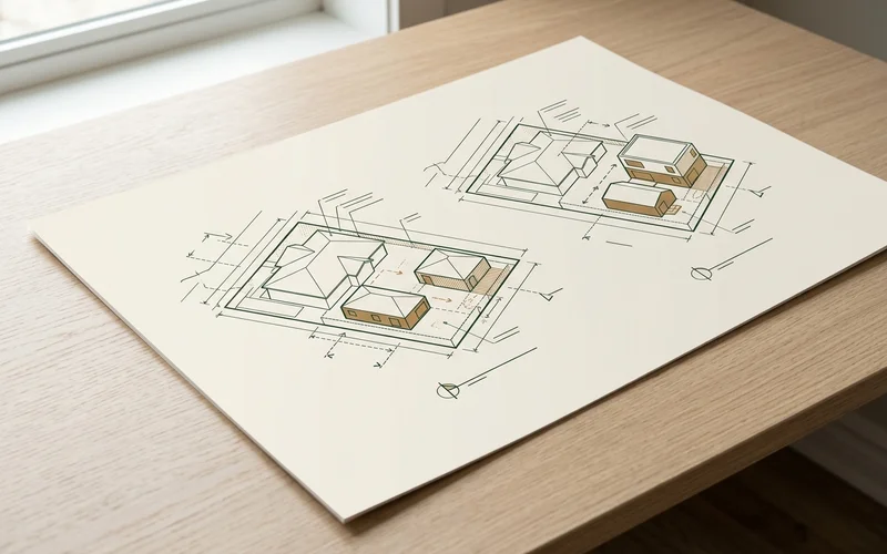 Single storey and two storey garden suite massing models side by side on a Toronto lot survey drawing