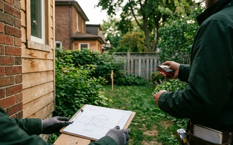 Site evaluator measuring distance from a Toronto house rear wall to a staked garden suite location with a laser meter