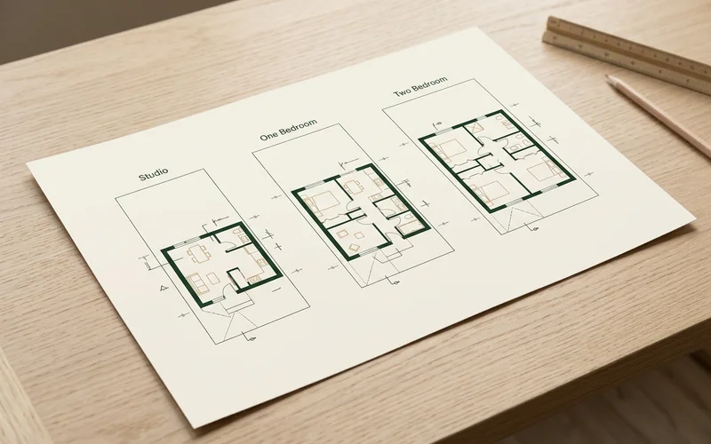 Three garden suite floor plan options side by side studio one bedroom and two bedroom within a Toronto lot envelope