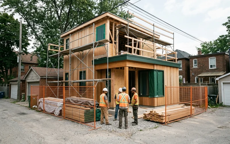 Two storey laneway suite under construction with scaffolding and lane side safety fencing in Old Toronto