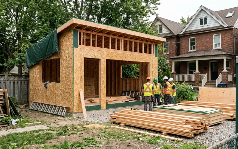 Wood framed garden suite under construction in a Toronto backyard with sheathing and window openings visible
