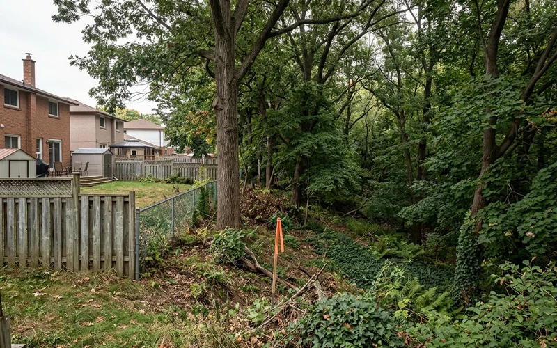 Humber River valley edge behind Etobicoke backyards with a setback stake