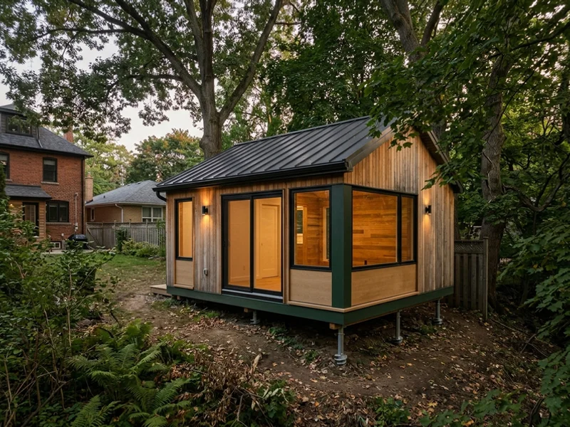 After: garden suite on helical piles with oaks preserved near High Park