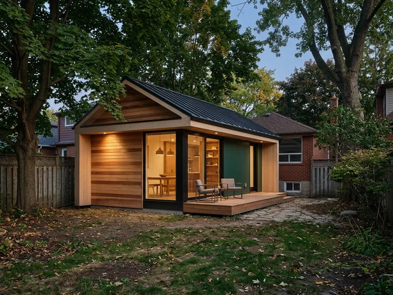 After: prefab-hybrid garden suite in the same Etobicoke yard at dusk