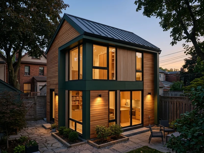 After: finished garden suite with loft in the same Leslieville yard at dusk