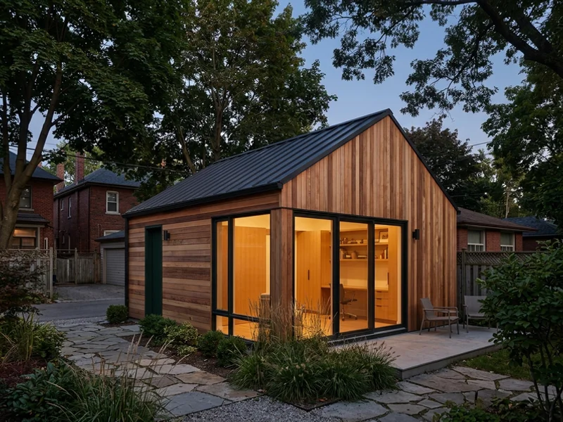 After: the garage converted into a cedar-clad studio suite at dusk