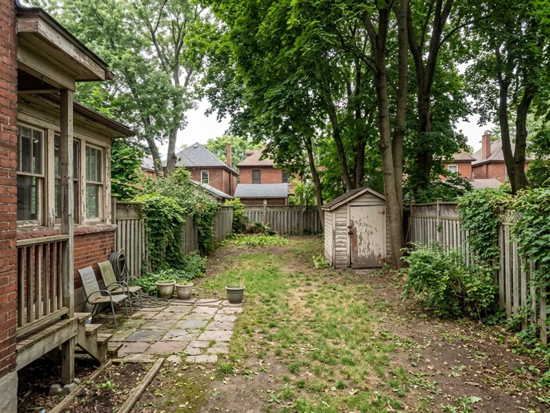 Before: shaded Beaches backyard with an old garden shed