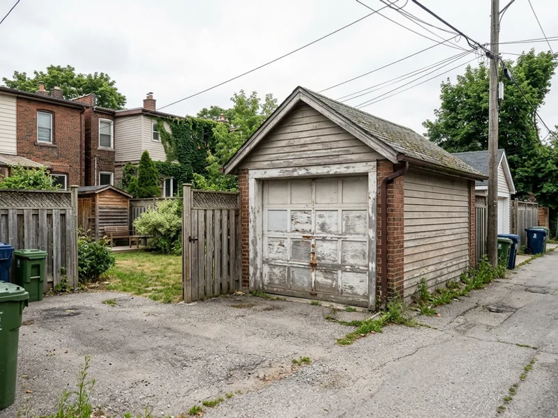 Before: weathered detached garage on a Riverdale lane